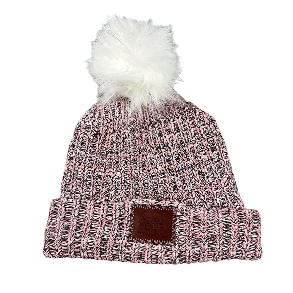 Love Your Melon Cuffed Knit Beanie Pom Pom Pink Black White Marled Made in USA‎